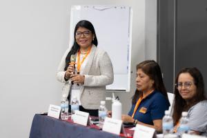 Rosa Yataco, monitoring, evaluation, and learning lead from Peru, speaks during the Global Nurse Executive Fellowship weeklong intensive in Rwanda in July 2024.