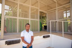 Roosevelt Jean, the Thomonde Health Center administrator, on a recent tour of the new oxygen plant. 