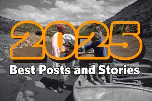 Mother carrying a baby while crossing a river by boat in a rural setting, with ‘2025 Best Posts and Stories’ text overlaid.