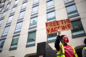 Supporters of the People’s Vaccine participate in a rally for global solidarity against vaccine apartheid.