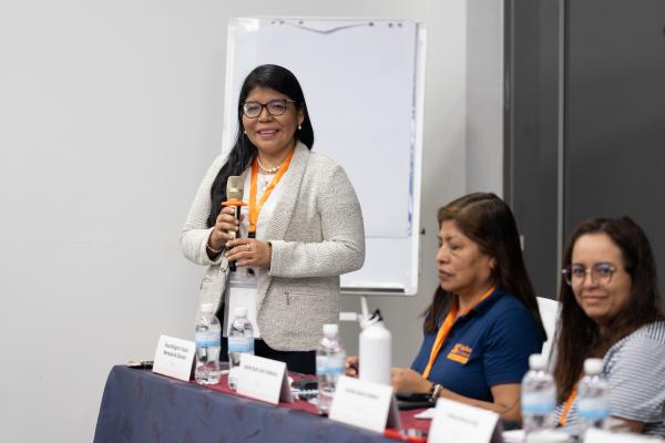 Rosa Yataco, monitoring, evaluation, and learning lead from Peru, speaks during the Global Nurse Executive Fellowship weeklong intensive in Rwanda in July 2024.