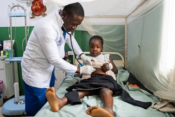 A patient in the pediatric ward at PIH-supported J.J. Dossen Memorial Hospital in Maryland County, Liberia.