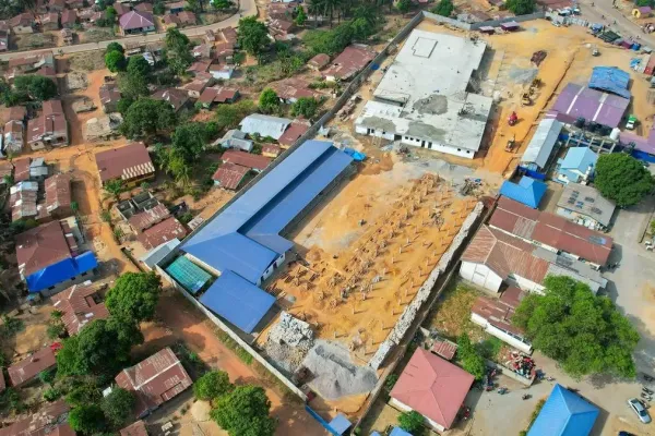 An aerial view of the ongoing construction of the Maternal Center of Excellence in Kono District, Sierra Leone