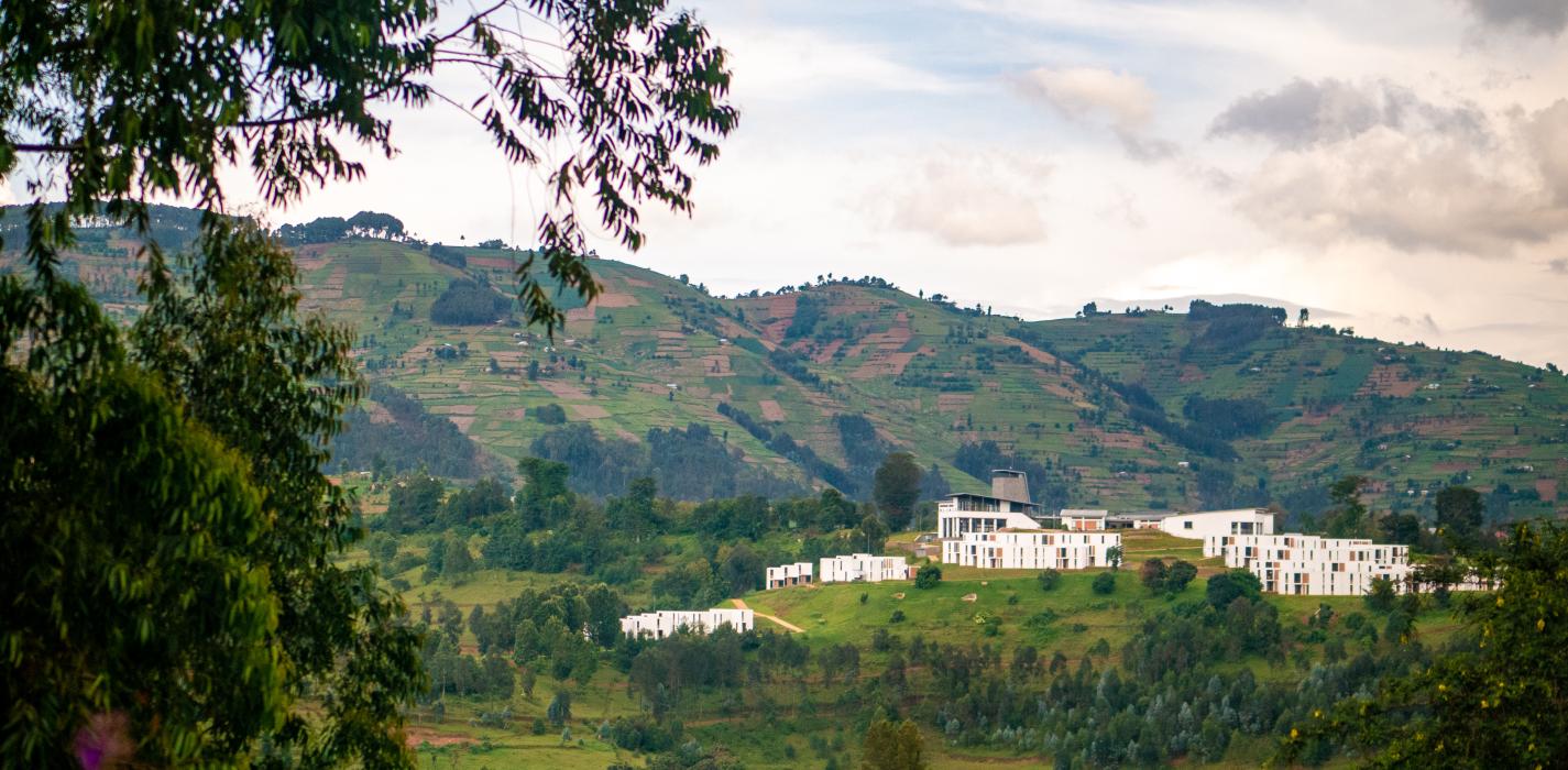 Butaro Campus as seen from the valley between UGHE and Butaro District Hospital.
