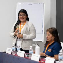 Rosa Yataco, monitoring, evaluation, and learning lead from Peru, speaks during the Global Nurse Executive Fellowship weeklong intensive in Rwanda in July 2024.