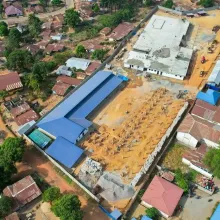 An aerial view of the ongoing construction of the Maternal Center of Excellence in Kono District, Sierra Leone