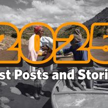 Mother carrying a baby while crossing a river by boat in a rural setting, with ‘2025 Best Posts and Stories’ text overlaid.