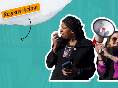 Reading Club promotion featuring the cutout of two women using a megaphone on a green background