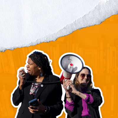 Cut out of two women using a megaphone on an orange background