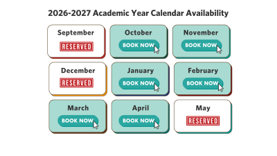 Calendar of months from September 2026 to May 2027, showing availabilities with September, December 2026, and May 2027 marked as "Reserved" and the other months have a call to action of "Book Now"