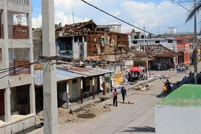 A building near Immaculate Concpetion Hospital that was badly damaged by Hurricane Matthew.