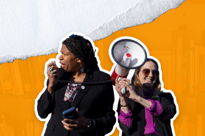 Cut out of two women using a megaphone on an orange background