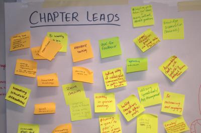 Multiple sticky notes are placed on a whiteboard.