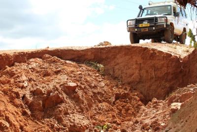 Collapsed dirt road near to a health center