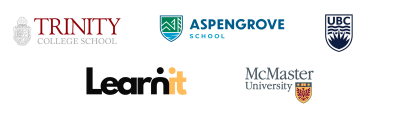 Logos of Past partners including Trinity College, Aspengrove School, UBC, LearnIt,  and McMaster University