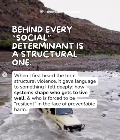 Vehicle partially submerged while crossing a fast-moving river in a rocky landscape, with on-screen text about structural violence and how systems shape who gets to live well.
