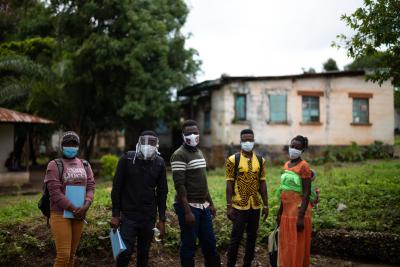 Community health workers and COVID-19 social mobilizers at work in Sierra Leone. These staff conduct home visits to educate and screen for COVID-19.