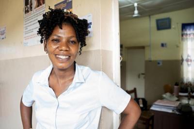 Community Health Officer Cathy Conteh at PIH-supported Koidu Government Hospital in Kono District, Sierra Leone on March 18, 2024.