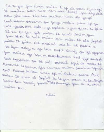 Rodeline’s letter, in original Creole