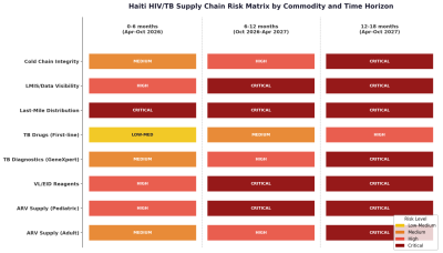 A diagram illustrating the Haiti HIV/TB supply chain risk matrix by commodity and time horizon