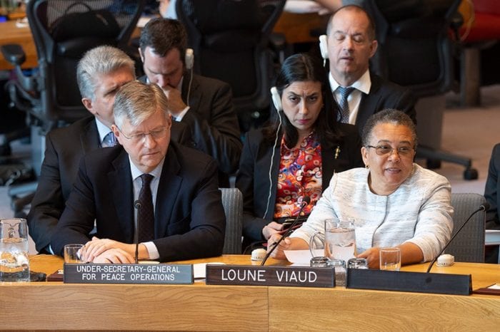 Loune Viaud sits at a table addressing the UN Security Council