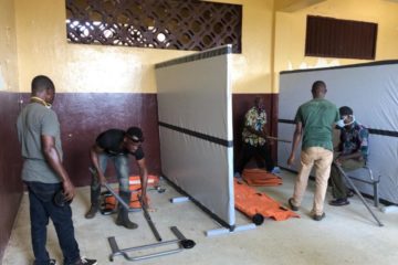 Staff set up a new COVID-19 quarantine centre in Liberia